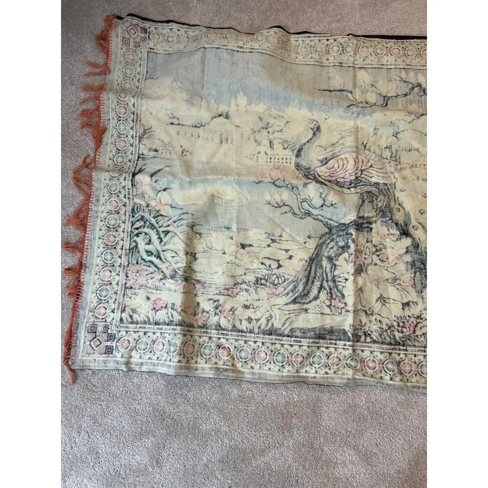 Turkish Peacock Tapestry 57x39 Corlu Turkey Wall Hanging Throw Floral Fringe